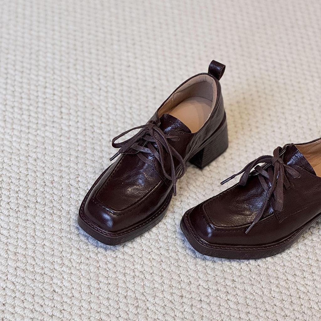 Women's shoes French retro deep cut round toe thick heel British small leather shoes lace up commuting single shoes