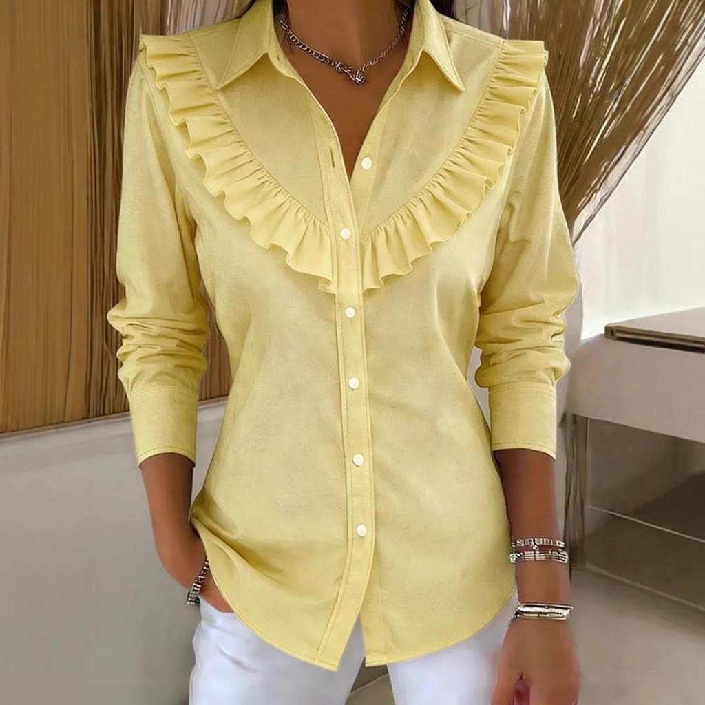 European and American Spring Women's Solid Color Shirt Collar Long Sleeve Casual Loose Ruffle Edge Cotton and Linen Top