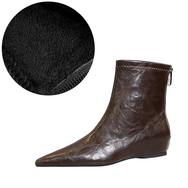 

Зимняя обувь 2025 Женские ботинки на плоской подошве Ретро обувь для вечеринок Обувь с острым носком Брендовые женские ботильоны Плюшевая обувь с увеличением высоты 3 см 34 коричневый