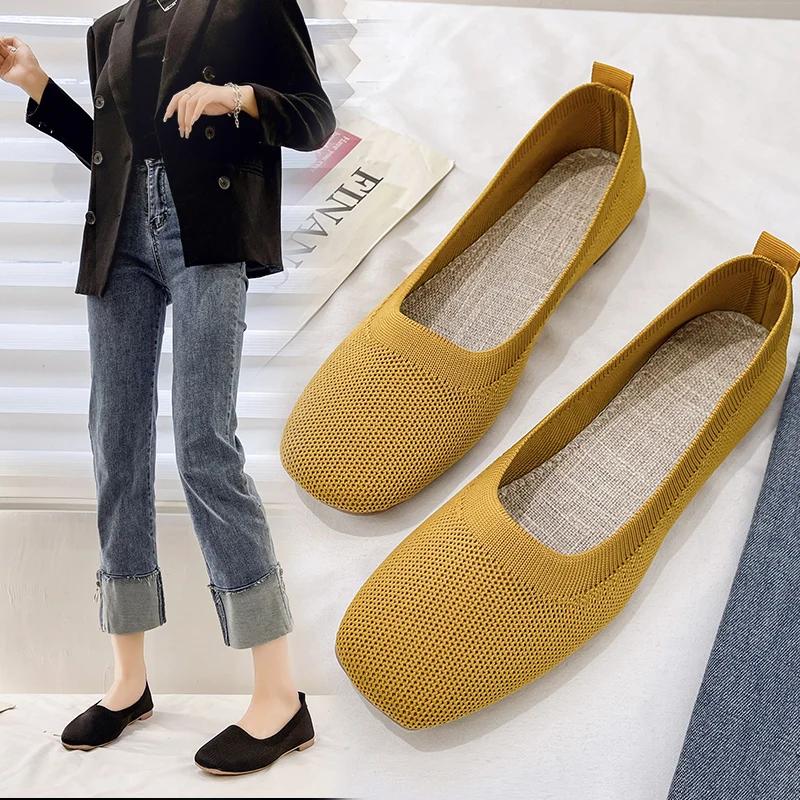 WomenSummer Fashion Knitted Mesh Breathable Ladies Loafers Comfort Square Toe Casual Flats Women Work Shoes Comfortable for Work