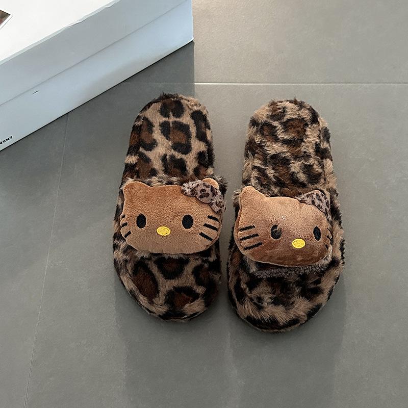 

2025 autumn and winter leopard print kt cat big head thick bottom bag head fluffy slippers women s fashion versatile home casual cotton slippers 40 коричневый
