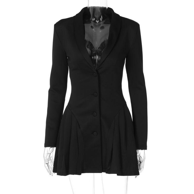 

V Suit Collar Cardigan Ruffle Edge Dressv Suit Collar Ruffles Dress Black L