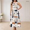 Women Plus Size Round Neck Triple Keyhole Cutout Sleeveless Printed Long Dress Black Orange Off White