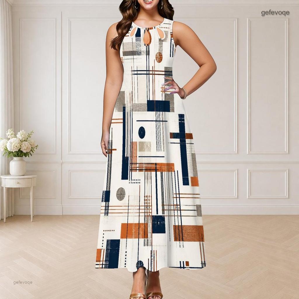 Women Plus Size Round Neck Triple Keyhole Cutout Sleeveless Printed Long Dress Black Orange Off White