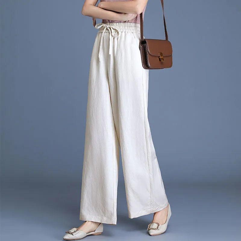 Bavlněné a lněné kalhoty pro ženy na léto Tenké a splývavé S vysokým pasem Volné a široké nohavice Všestranné a zeštíhlující Ležérní kalhoty s rovnými nohavicemi