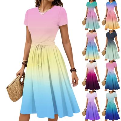 Vestido Elegante Feminino Casual Fashion com Cinto Estampa Floral Manga Curta Decote Redondo