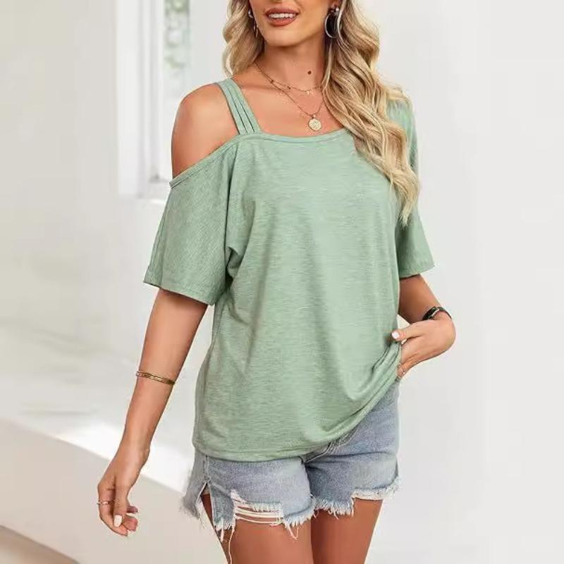 Women's Clothing European and American Cross-Border Summer New Loose Casual One-Shoulder Off-The-Shoulder Loose Short-Sleeved Women's T-Shirt