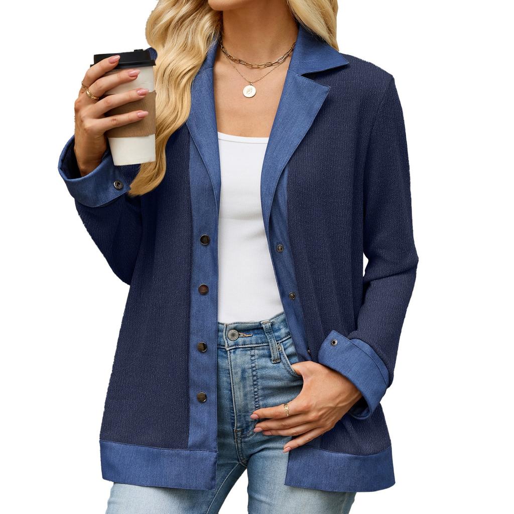 Women's Denim Blouse with Lapel Collar and Button Front - Loose Fit Long Sleeve Casual Top
