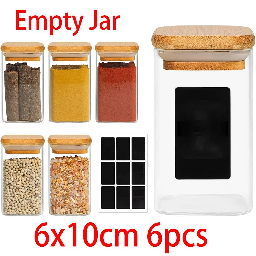 Spice Jars with Labels,Glass Seasoning Jars,Square Seasoning Containers for Salt,Pepper,Chili Powder,Sugar,Ginger Ground,Cumin