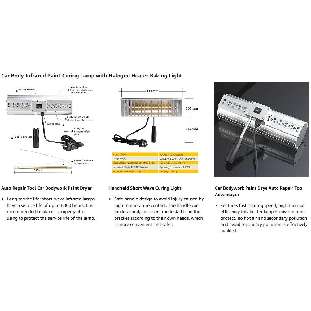 DATOUBOSS Portable Infrared Paint Curing Lamp 1000w Handheld Shortwave Infrared Heating Light Car Body Repair Tool