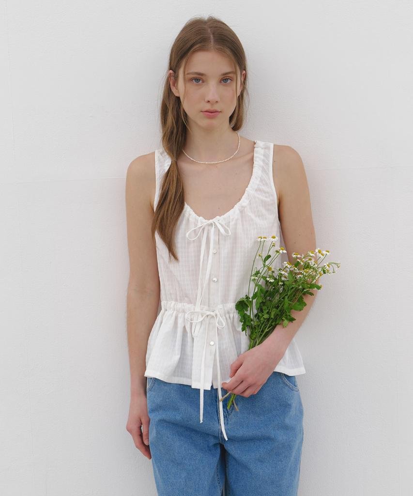 CLUNY Soft Ribbon Shirring Blouse - White