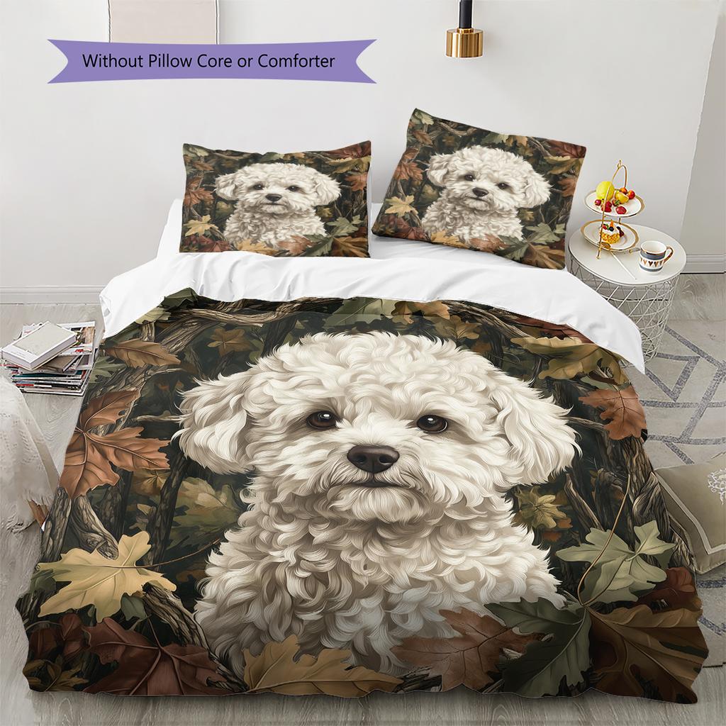 Bettwäsche mit Blätter- und Bichon-Muster, Heimdekoration, Geburtstagsgeschenk (1 Bettbezug + 2 Kissenbezüge, ohne Füllung)