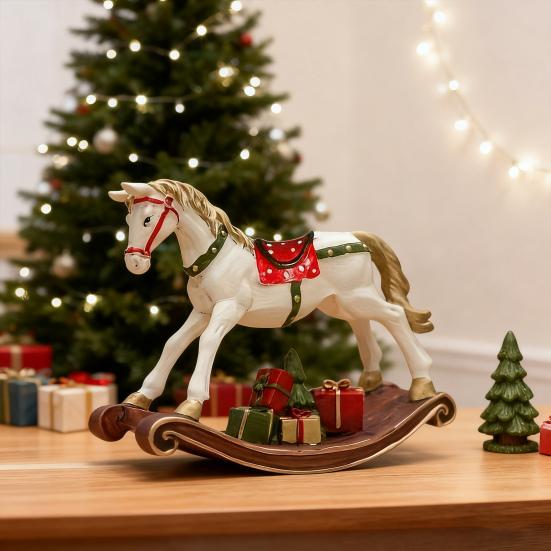 Hand-painted Rocking Horse Statue Vintage Wooden Horse Figurine Resin Pony Sculpture Home Office Desktop Decoration