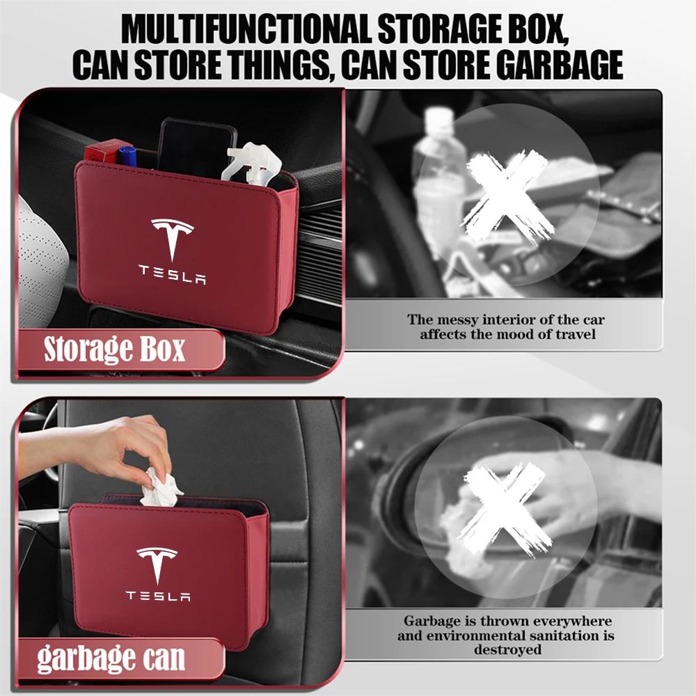 Autocollant de voiture Tesla Boîte de rangement de porte de voiture en cuir Sac poubelle sous le siège arrière Organisateur intérieur Pour Tesla Modèle 3 Modèle S Modèle X Co
