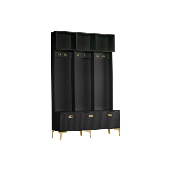 Meuble D’entrée - MUVOE - Arbre De Couloir - Noir - Banc De Rangement - 6 Crochets Dorés