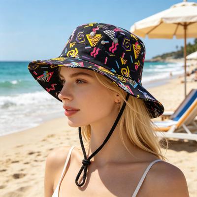 Bucket Hat Large Brim Colorful Geometric Pattern Fisherman Hat Secure Windproof Rope Portable Foldable Sun Protection Hat