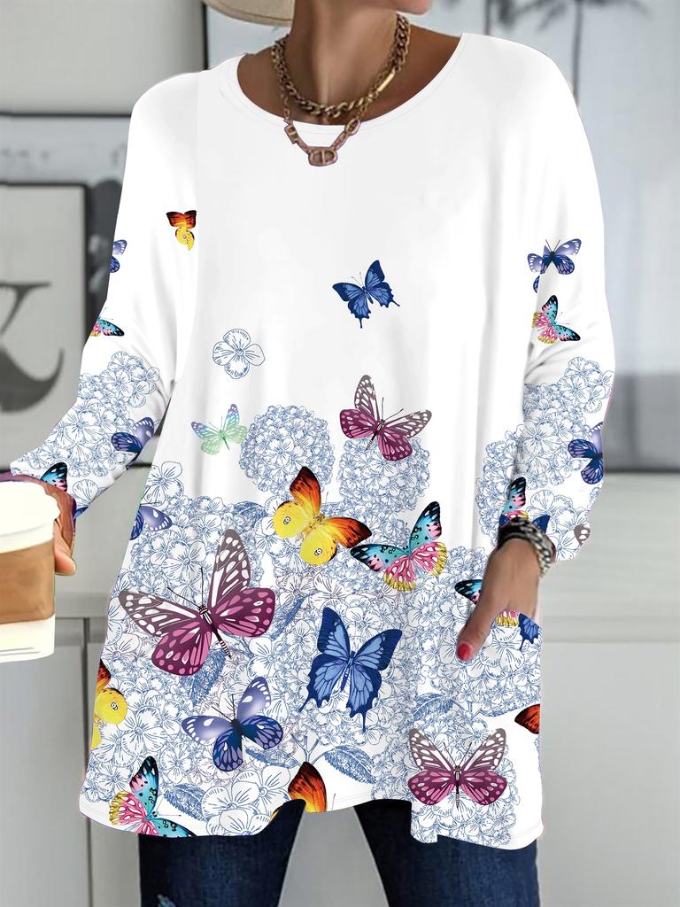 2025 Autumn Winter New Plus Size Women's Tops, Butterfly 3D Print Fashion Crew Neck Long Sleeve T-Shirts