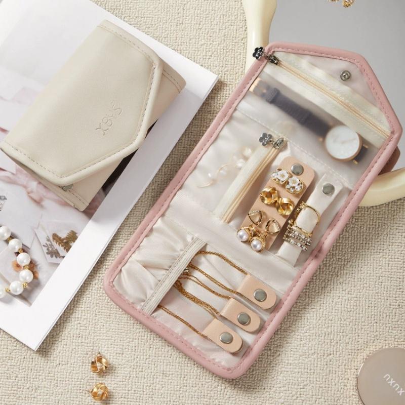 Travel Jewelry Organizer Bag PU Material Necklace Earring Ring Storage Pouch with Watch Compartment Portable Zippered