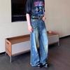 JYL Men's Straight Jeans American Niche Deconstructed Patch High-Street Loose Denim Pants