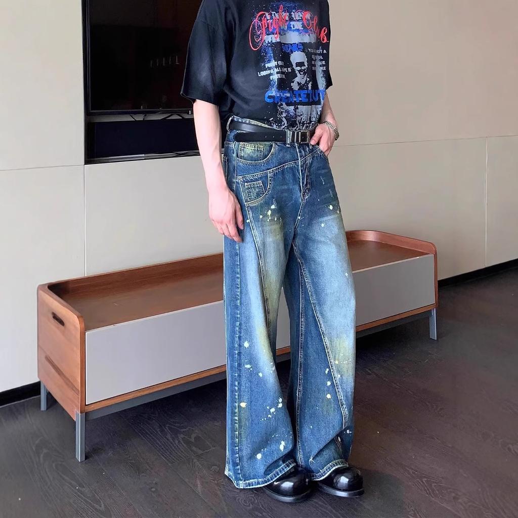 JYL Men's Straight Jeans American Niche Deconstructed Patch High-Street Loose Denim Pants