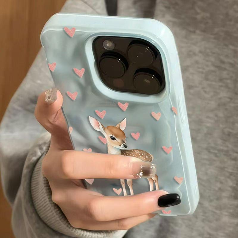Pink Love Heart Cute Deer Pattern Phone Case For iPhone 17 16 15 14 13 12 11 Pro Max Plus Air 16E Shockproof Folds Texture Cover