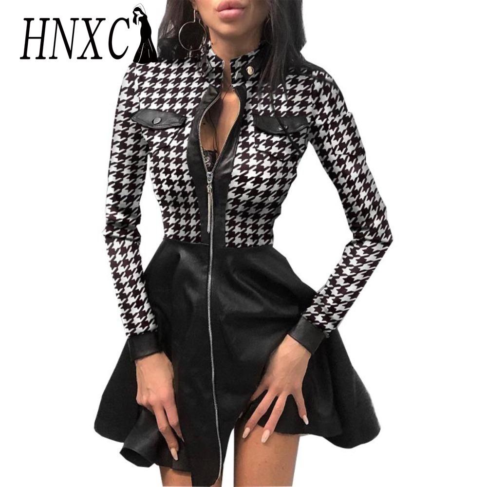 

HNXC Модное женское мини-платье из искусственной кожи с кружевом, длинным рукавом и молнией, с большим подолом S