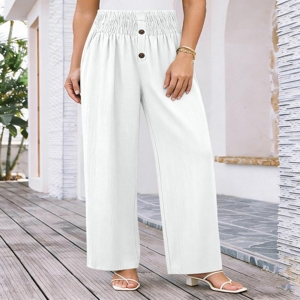 Women's High Waisted Linen Wide Leg Pants Cotton Linen Blend Wide Leg Trousers With Elastic Waistband Casual Button Down Pants