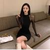 French temperament Spice girl style sexy long-sleeved dress women's summer splicing mesh slim and thin hip-wrapped short skirt