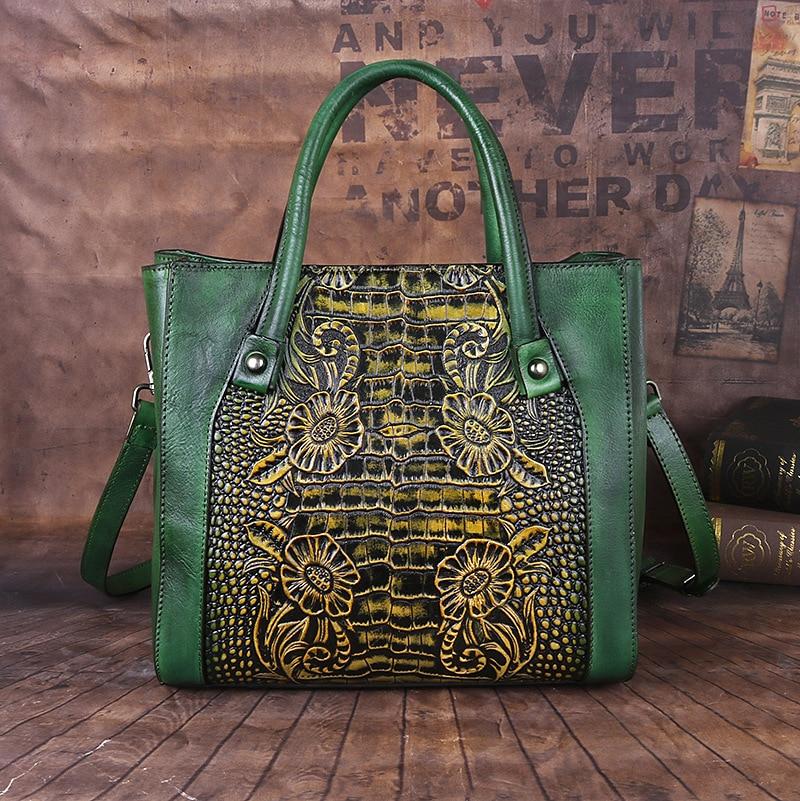 Johnature Retro Genuine Leather Handmade Women Bag First Layer Cowhide Large Capacity Handbag Embossed Shoulder Bags
