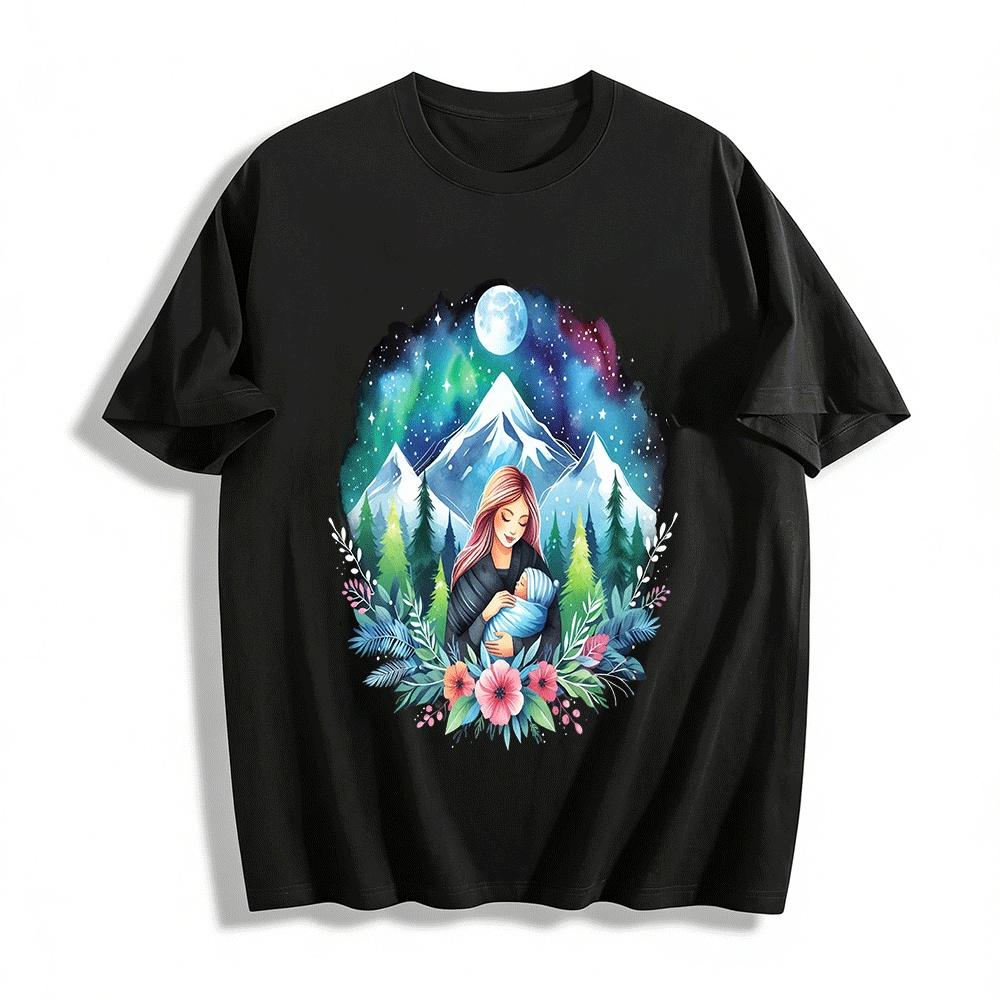 Moonlit Snow Mountain Mother And Baby Hug Print Casual Top Pure cotton T-shirt XXS