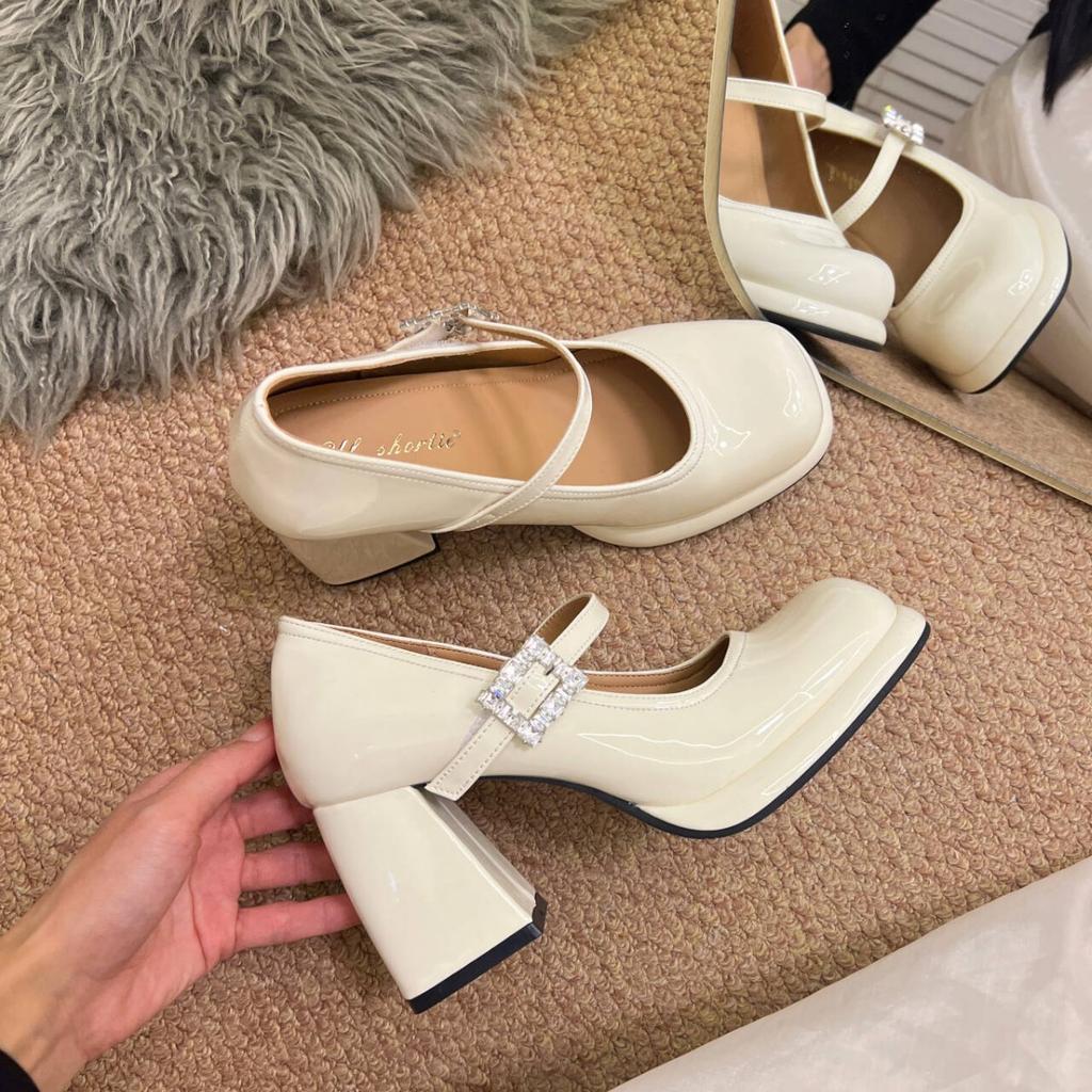 Fairy Wind Word with Rhinestone Mary Jane Shoes 2025 Spring New Versatile Thick Heel High Heels Patent Leather Single Shoes Women