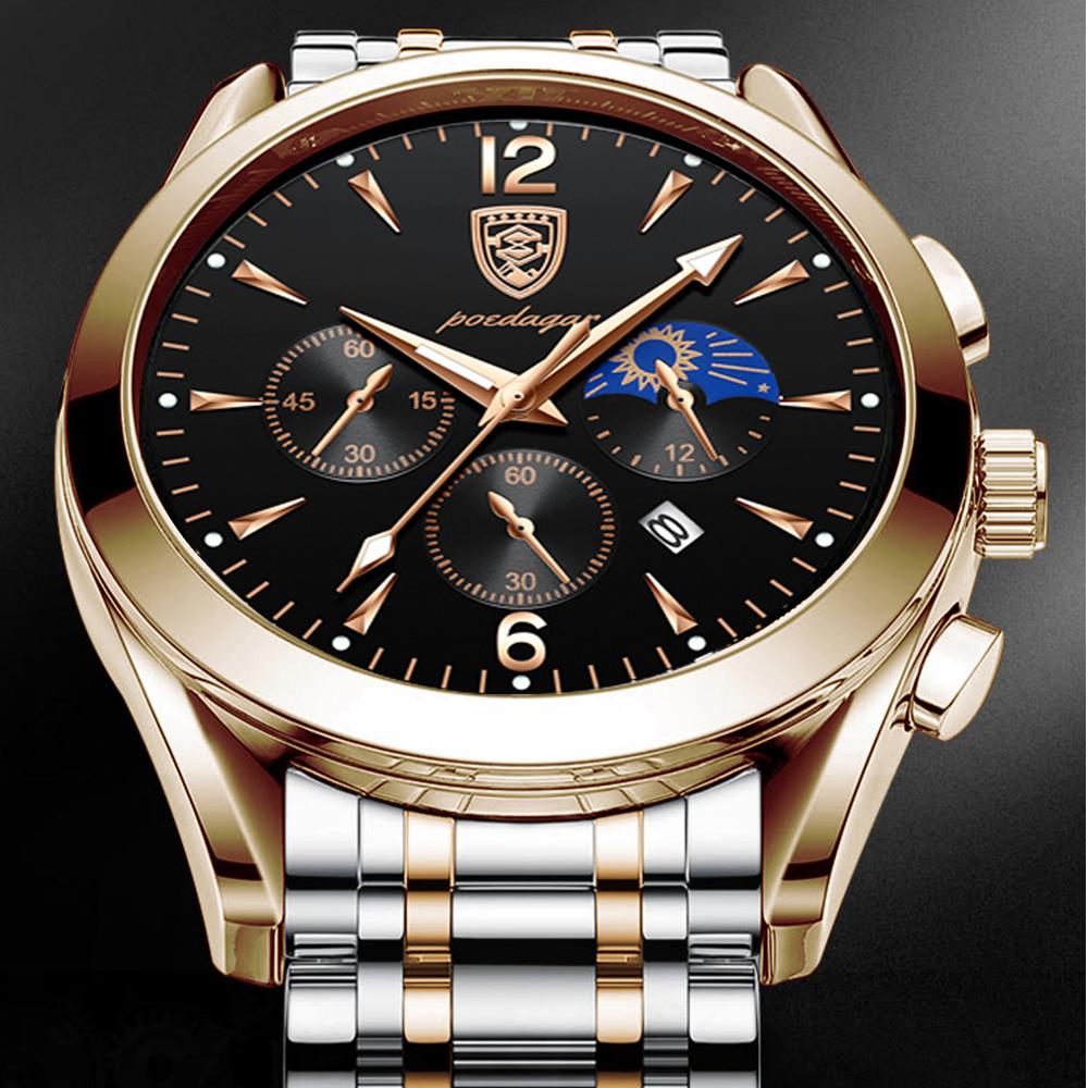 Poedagar 829 Luxury Men Watch Chronograph Quartz Stainless Steel Band Waterproof Luminous Hands Casual Business Wristwatch