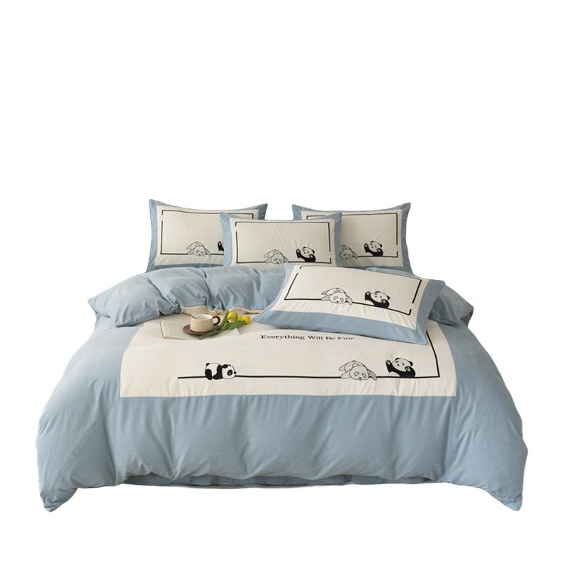 Leichte, luxuriöse Panda-Stickerei, große Ecke, passendes Bastelset, vierteiliges Set, Brokat-Baumwolle, hautfreundliches, weiches Bettlaken, Bettbezug, Bettwäsche