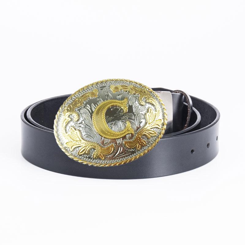 Western Style Men's Leather Belt with English Letter C - European and American Fashion Accessory