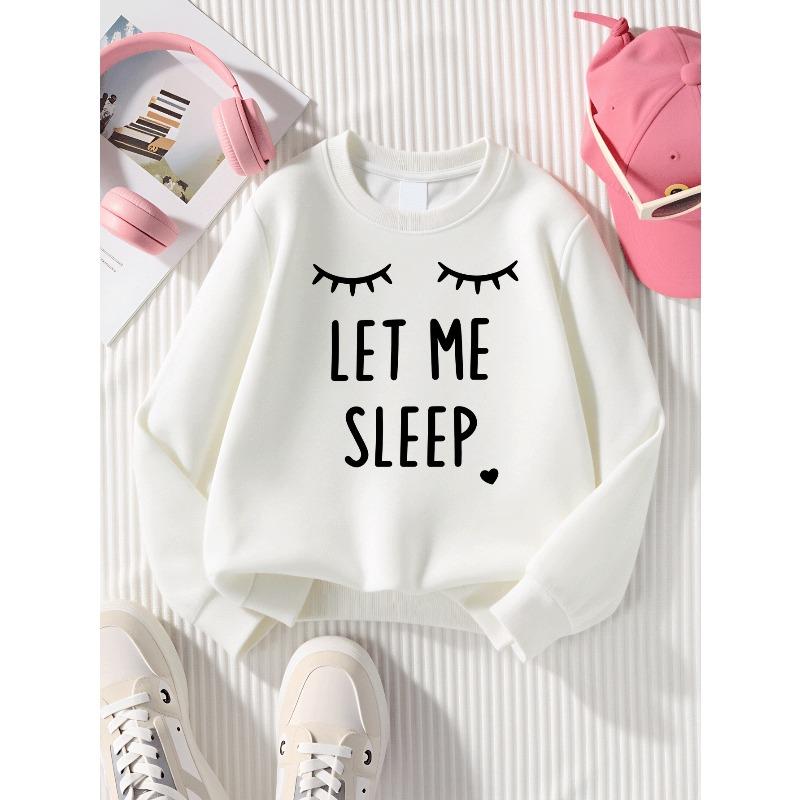 Kids Crewneck Sweatshirt, Cute Closed Eyes Character Graphic Print, Soft Cozy Pullover 110 белый