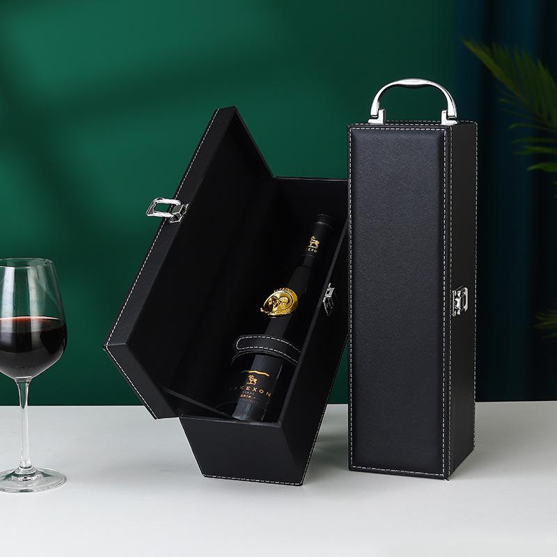 Classic PU Leather Single Red Wine Holder Luxury Ring Paper Cutter Seahorse Knife Pourer Wooden Packing Box Gift