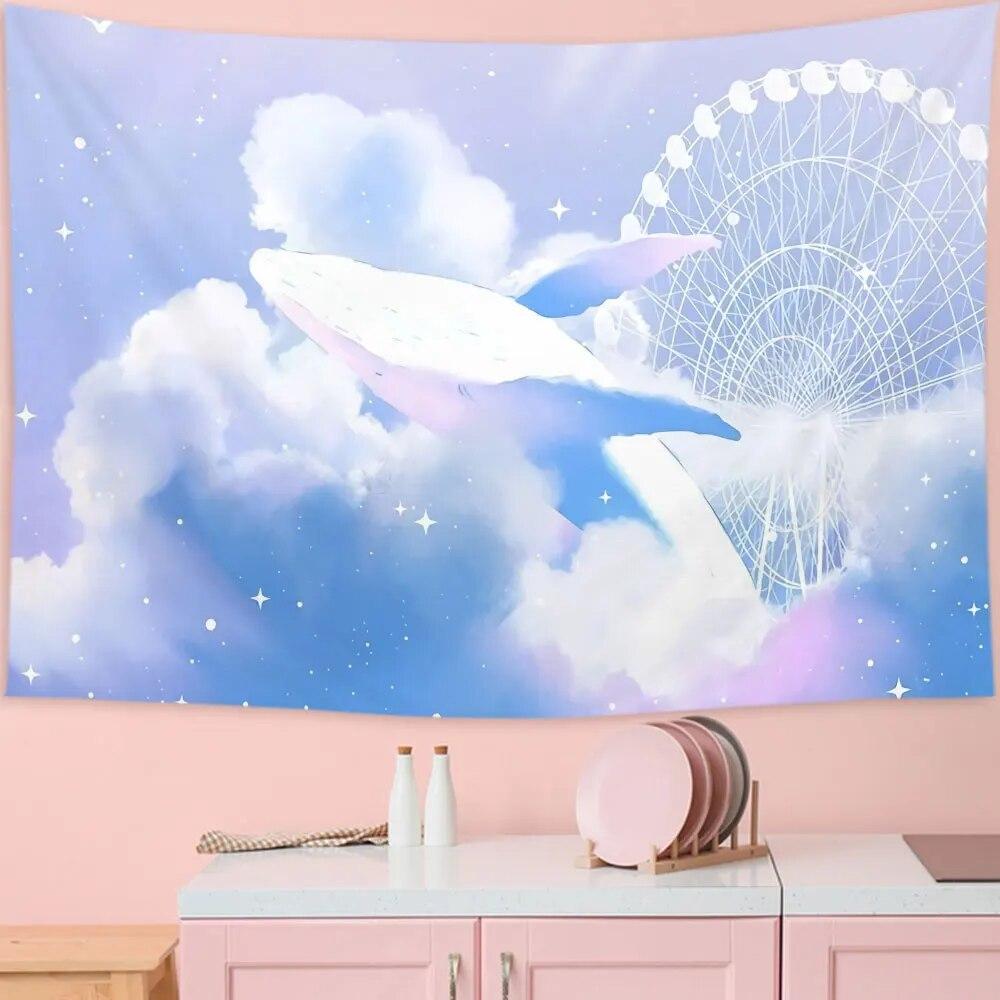 Cartoon Sky Dolphin Tapestry Wall Hanging Pink Clouds and Whales Tapestry Aesthetic Kawaii Room Decor Print Home Decor