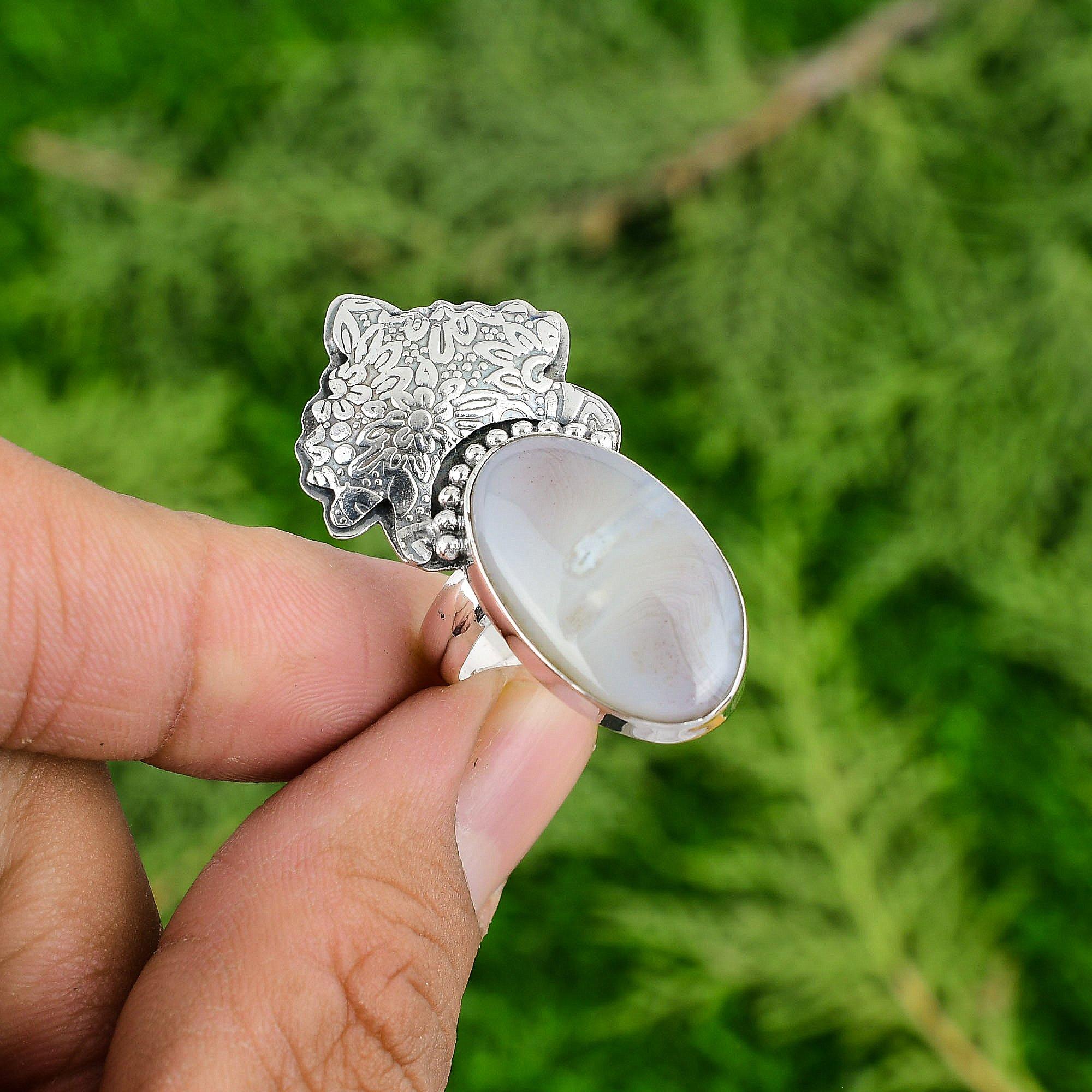 

Oval Botswana Agate Gemstone Sterling Silver Promise Ethnic Wife Ring Jewelry Adjustable