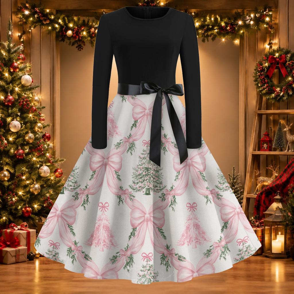 Women's Casual Vintage Christmas Print Neck Dress for Holiday Party