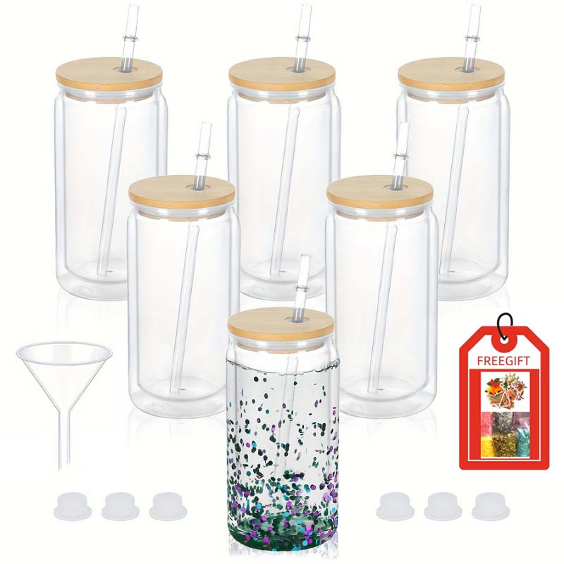 6PCS 16oz Double Wall Plastic Water Bottles with Straws Lids DIY Snowball Cup with Pre Drilled Hole Reusable Kids Drinkware Cups