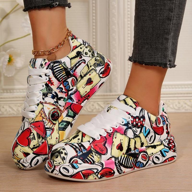 Fashion Women Sneakers Thick-soled Increased Women Sneakers New Hand-painted Graffiti White Women Shoes Outdoor Casual Shoes Plus Size