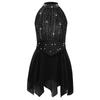 Girls Lyrical Dance Costume Sparkle Rhinestones Keyhole Back Irregular Chiffon Hem Skating Dress