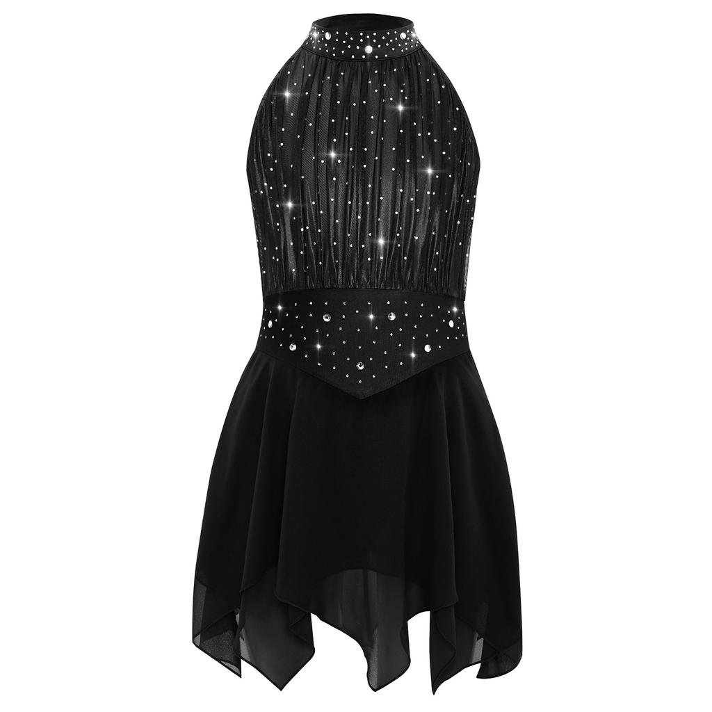Girls Lyrical Dance Costume Sparkle Rhinestones Keyhole Back Irregular Chiffon Hem Skating Dress