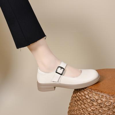 Round Head Mary Jane Shoes Women's 2025 First-layer Cowhide One-word Buckle Shallow Mouth Flat Bottom College Style Small Leather Shoes Entity
