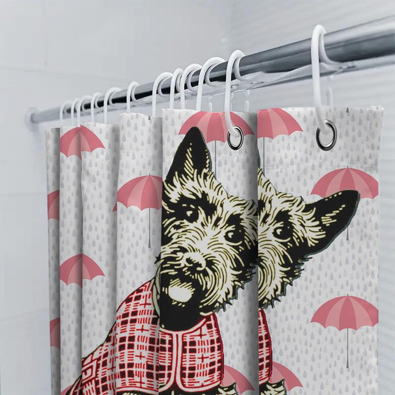 Vibrant Umbrella Print Dog Shower Curtain Perfect for Bathroom Decorations Red Plaid Shirt Cute Scottish Terrier Home Decoration