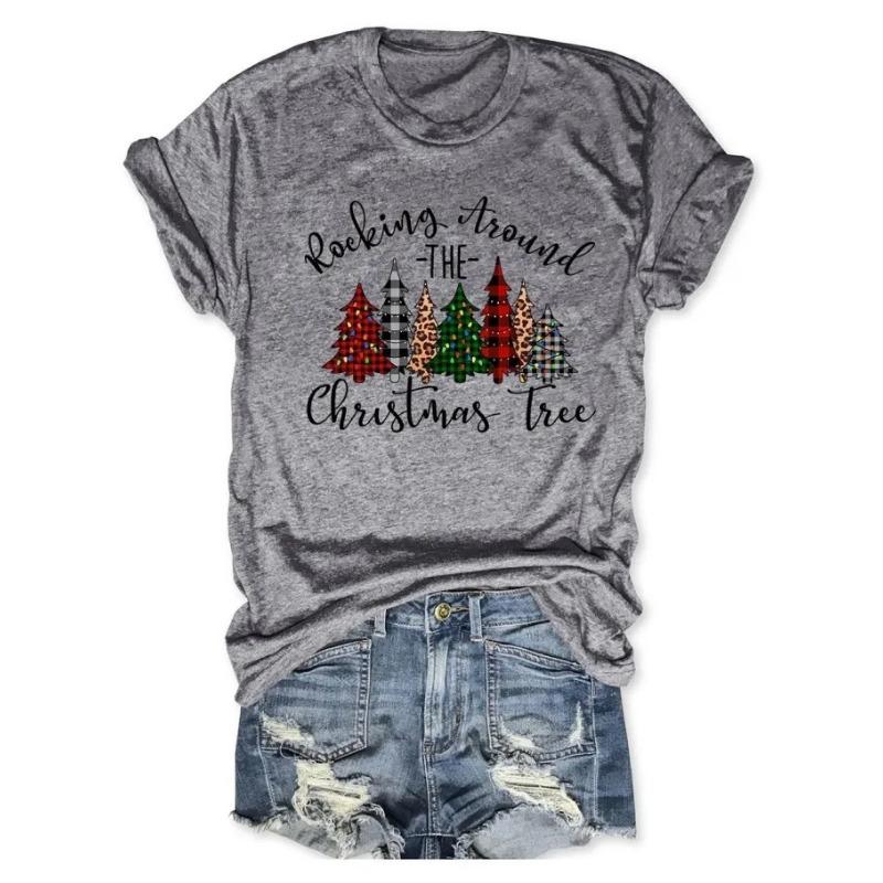 Letní dámská trička s krátkým rukávem, módní, ležérní, s 3D potiskem vánočního stromku a kulatým výstřihem