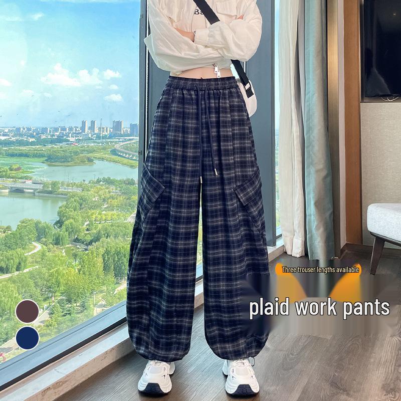 2026 Autumn Women's Retro Plaid High Waist Wide Leg Pants - Two-Way Casual & Sporty Wear