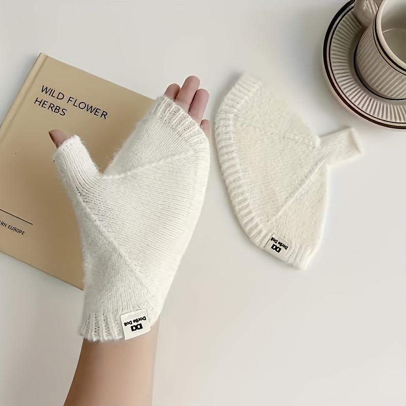 

1 Pair Autumn-Winter Korean Style Gloves Thick Warm Touch Screen Mittens with Half-Finger Design Preppy Style Elastic Fit Solid Color белый