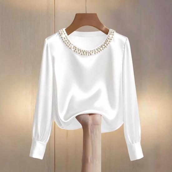 Women Tops Round Neck Long Sleeve Smooth Satin Pullover Tops Solid Color Loose Fit Faux Pearls Decor Casual Shirt Daily Wear