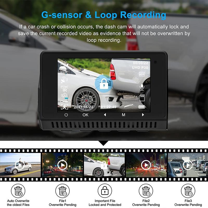 3 Channel Dash Cam Front Inside Rear Three Way Car Dash Camera 4K+1080P+1080P GPS WiFi IR Night Vision DVR Black Box